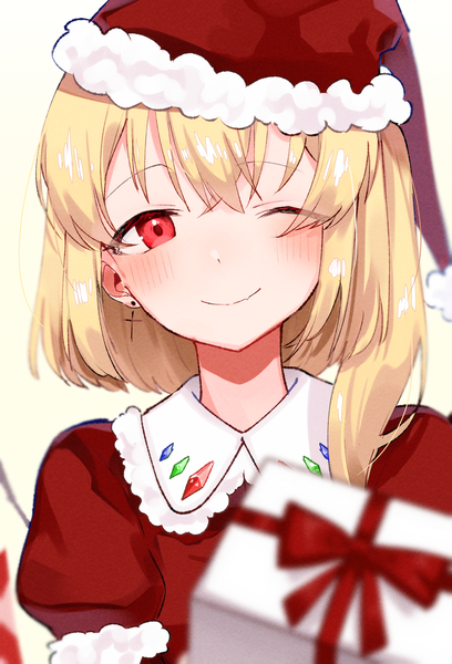 Anime picture 1764x2592 with touhou flandre scarlet suikario single tall image looking at viewer blush fringe highres short hair blonde hair smile hair between eyes red eyes upper body one eye closed wink blurry one side up christmas