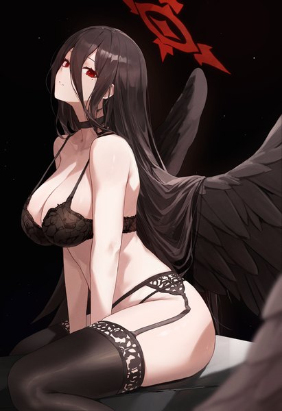 Anime picture 2498x3648 with blue archive hasumi (blue archive) toi1et paper single long hair tall image looking at viewer fringe highres breasts light erotic black hair simple background hair between eyes red eyes large breasts sitting bent knee (knees) parted lips mole