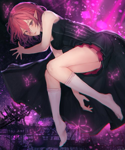 Anime picture 2000x2400 with maplestory lucid (maplestory) leyu single tall image looking at viewer fringe highres short hair bare shoulders signed full body bent knee (knees) red hair lying parted lips pointy ears grey eyes no shoes on side