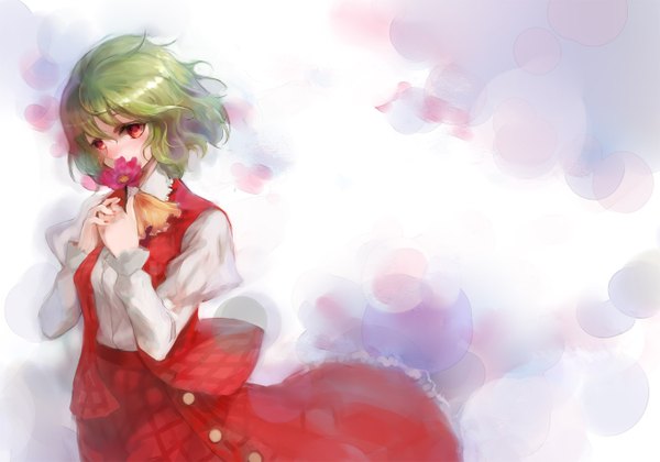 Anime picture 1360x954 with touhou kazami yuuka nokishita single blush short hair red eyes green eyes girl dress skirt flower (flowers) skirt set