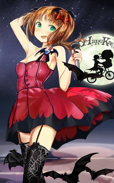 Anime picture 1200x1920 with idolmaster e.t. amami haruka zi-dabu tall image looking at viewer blush short hair open mouth smile brown hair bare shoulders green eyes armpit (armpits) sleeveless symbol-shaped pupils my dear vampire girl hair ornament bow