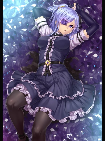Anime picture 1113x1500 with original houtengeki single tall image looking at viewer short hair open mouth blue eyes blue hair girl skirt gloves pantyhose elbow gloves eyepatch skirt set