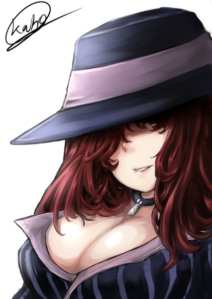 Anime picture 1104x1553 with league of legends miss fortune (league of legends) kaho single long hair tall image looking at viewer fringe breasts light erotic simple background red eyes brown hair large breasts white background hair over one eye girl hat