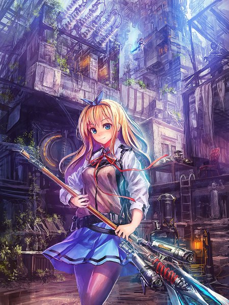 Anime picture 1000x1333 with original lm7 (op-center) single long hair tall image blush blue eyes blonde hair girl skirt bow ribbon (ribbons) plant (plants) hair bow miniskirt shirt chair stairs
