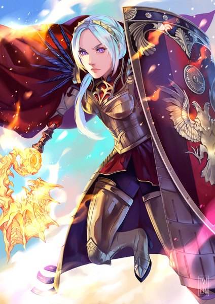 Anime picture 2480x3508 with fire emblem fire emblem: three houses fire emblem warriors: three hopes nintendo edelgard von hresvelg tvilin single long hair tall image looking at viewer highres purple eyes holding signed silver hair glowing weapon girl weapon armor shield