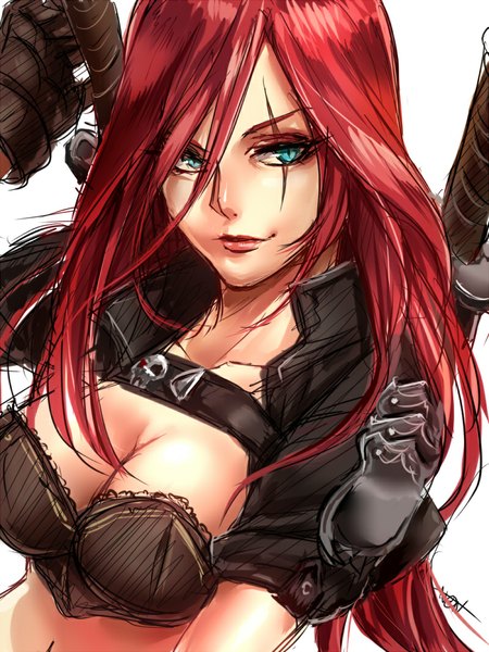 Anime picture 800x1066 with league of legends katarina (league of legends) non (nonzile) single tall image fringe breasts red hair aqua eyes lips hair over one eye midriff scar sketch cropped girl gloves weapon knife