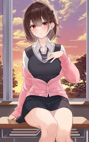 Anime picture 2393x3799 with original lebring single tall image looking at viewer blush fringe highres short hair hair between eyes red eyes brown hair sitting sky indoors long sleeves off shoulder evening sleeves past wrists red sky