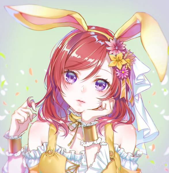 Anime picture 900x920 with love live! school idol project sunrise (studio) love live! nishikino maki ao+beni single tall image looking at viewer blush fringe short hair hair between eyes purple eyes bare shoulders animal ears upper body red hair head tilt hair flower bunny ears