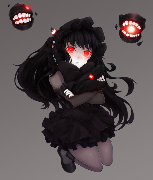 Anime picture 1275x1500 with kantai collection isolated island hime bushido single long hair tall image looking at viewer black hair red eyes grey background teeth shinkaisei-kan girl dress pantyhose bonnet