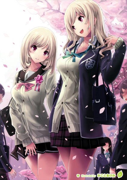 Anime picture 2542x3600 with girls, girls, girls! 10 (artbook) mikoto akemi long hair tall image blush highres open mouth red eyes multiple girls white hair scan official art cherry blossoms girl skirt uniform 2 girls plant (plants) school uniform miniskirt