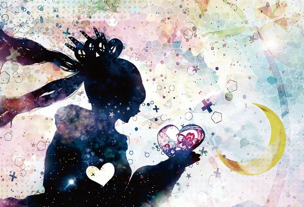 Anime picture 1904x1297 with vocaloid hatsune miku harada miyuki single long hair highres twintails profile crescent space silhouette multicolored double exposure girl flower (flowers) heart star (symbol) cross crown