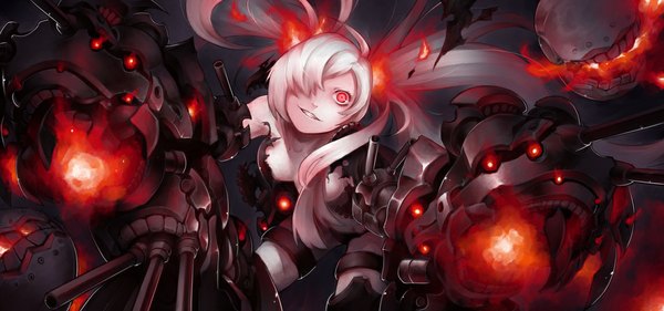 Anime picture 1150x539 with kantai collection southern ocean war hime pectong single long hair looking at viewer fringe breasts light erotic red eyes wide image large breasts twintails cleavage white hair hair over one eye no bra glowing looking up glowing eye (eyes)