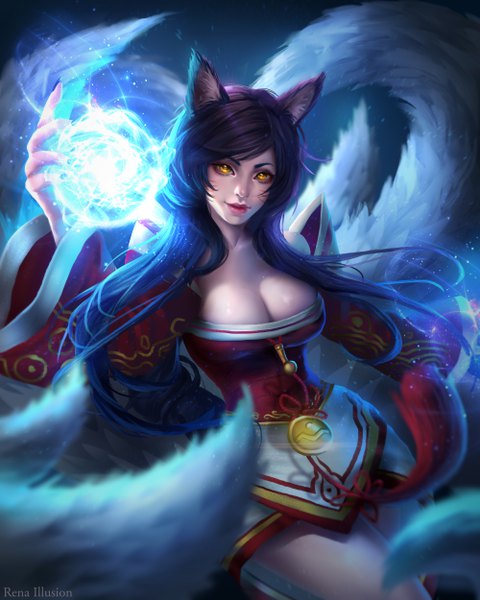 Anime-Bild 4000x5000 mit league of legends ahri (league of legends) renaillusion single long hair tall image looking at viewer fringe highres breasts light erotic black hair signed animal ears yellow eyes absurdres tail nail polish traditional clothes animal tail