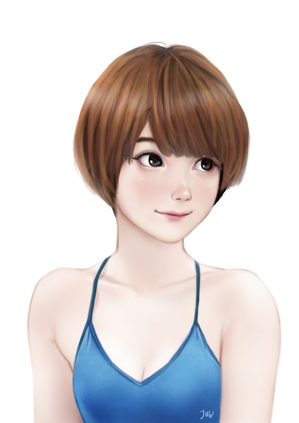 Anime picture 2480x3508 with original jubi (regiana) single tall image highres short hair breasts light erotic simple background brown hair white background bare shoulders signed looking away upper body light smile black eyes realistic bob cut girl