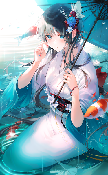 Anime picture 1000x1608 with original 2sham single long hair tall image looking at viewer blush fringe blue eyes black hair sitting holding outdoors blunt bangs nail polish traditional clothes parted lips japanese clothes fingernails from above