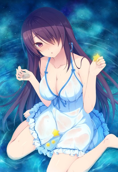 Anime picture 793x1148 with original aotsu karin single long hair tall image looking at viewer blush fringe breasts open mouth light erotic black hair sitting purple eyes bare shoulders holding cleavage full body bent knee (knees) head tilt