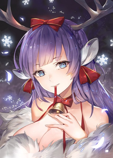 Anime picture 1000x1402 with original samu (a117216) single long hair tall image looking at viewer blush fringe breasts blue eyes light erotic large breasts holding animal ears payot cleavage purple hair upper body blunt bangs parted lips