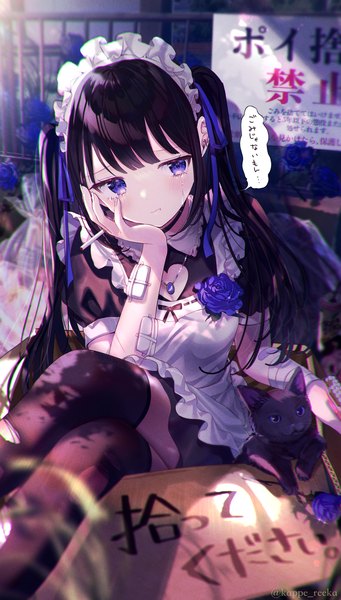 Anime picture 2006x3533 with original kappe reeka single long hair tall image looking at viewer blush fringe highres black hair sitting purple eyes twintails signed outdoors blunt bangs maid twitter username tears crossed legs