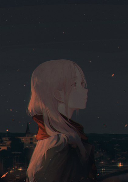 Anime picture 1438x2048 with original seol single long hair tall image fringe payot looking away pink hair outdoors profile pink eyes night night sky city cityscape girl building (buildings)