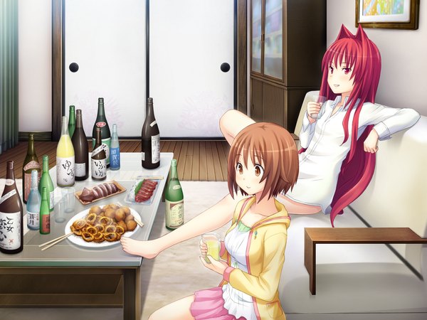 Anime picture 1600x1200 with gurenka kuon (gurenka) fumika (gurenka) nekonyan long hair short hair red eyes brown hair multiple girls brown eyes game cg red hair girl 2 girls shirt food couch bottle