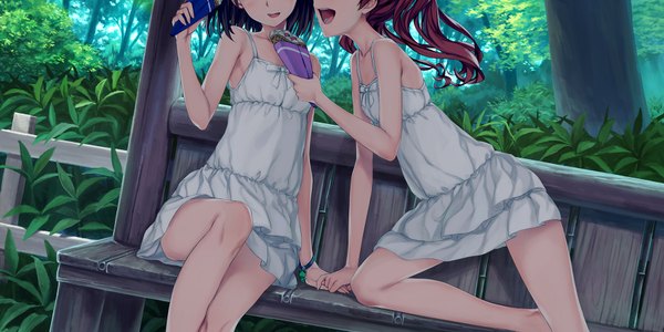 Anime picture 1800x900 with original moe2018 54cr long hair blush highres short hair open mouth black hair wide image sitting bare shoulders multiple girls holding bent knee (knees) outdoors red hair :d profile holding hands