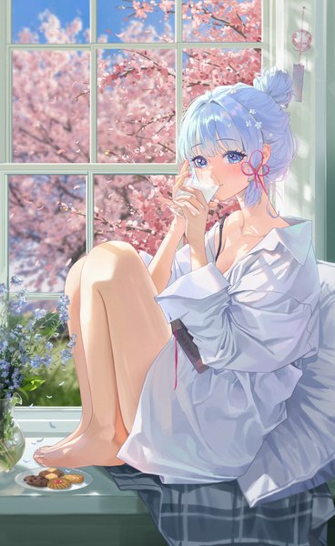 Anime picture 3232x5274 with genshin impact kamisato ayaka sssong aa single tall image looking at viewer blush fringe highres short hair breasts blue eyes light erotic sitting holding absurdres cleavage silver hair full body bent knee (knees)