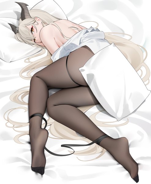 Anime picture 3597x4379 with original qing wu single long hair tall image looking at viewer fringe highres light erotic blonde hair hair between eyes yellow eyes absurdres full body lying horn (horns) from above off shoulder no shoes skindentation