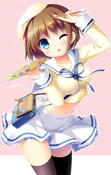 Anime picture 700x1100 with original sasai saji single tall image looking at viewer blush short hair open mouth blue eyes brown hair one eye closed wink girl thighhighs skirt navel black thighhighs bag beret sailor suit