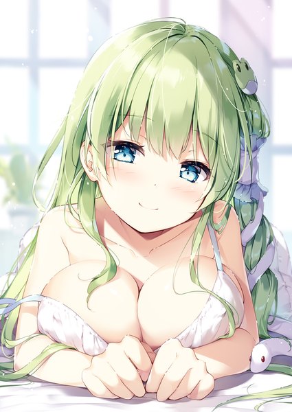 Anime picture 690x974 with touhou kochiya sanae miyase mahiro single long hair tall image looking at viewer blush fringe breasts blue eyes light erotic smile hair between eyes large breasts bare shoulders lying green hair blurry wet