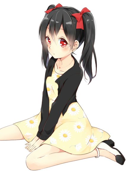 Anime picture 1000x1399 with love live! school idol project sunrise (studio) love live! yazawa nico hazuki natsu single long hair tall image looking at viewer blush black hair simple background red eyes sitting twintails bent knee (knees) bare legs wariza yellow background girl