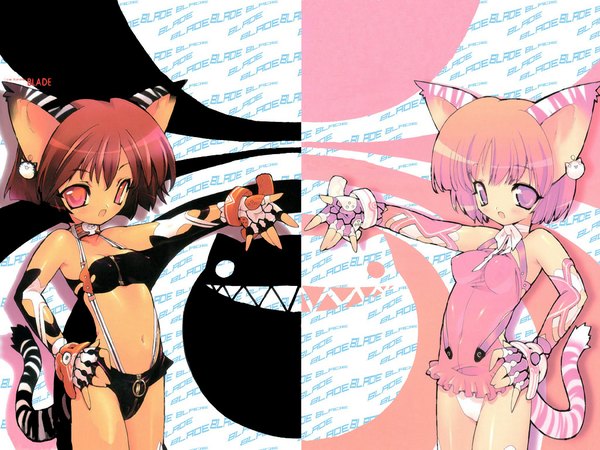 Anime picture 1024x768 with light erotic red eyes animal ears pink hair red hair tail pink eyes cat girl girl ribbon (ribbons) collar blade