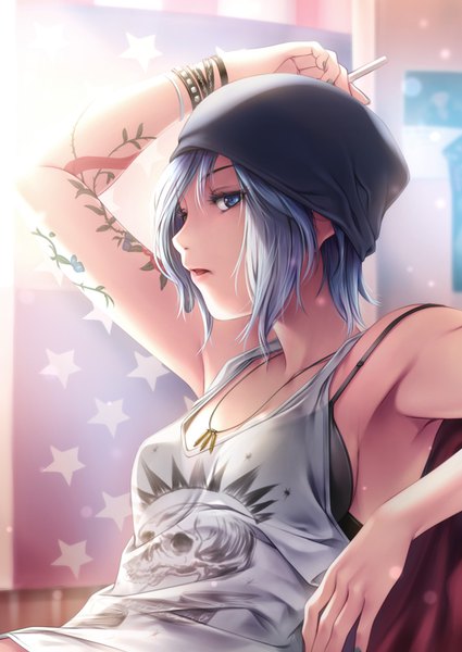 イラスト 708x1000 と life is strange chloe price rezi ソロ 長身像 カメラ目線 短い髪 青い目 肩出し 青い髪 cleavage nail polish parted lips プロフィール arm up fingernails armpit (armpits) 刺青 hand on head ミントネイルカラー