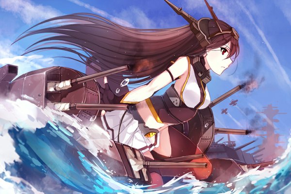 Аниме картинка 1000x667 с флотская коллекция nagato battleship bai kongque (shirokujaku) один (одна) длинные волосы чёрные волосы красные глаза голые плечи небо облако (облака) профиль девушка перчатки украшения для волос оружие море митенки