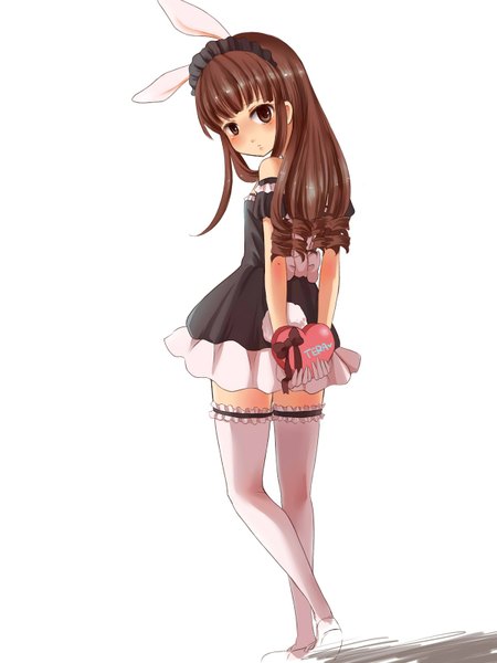 Anime picture 1200x1600 with tera online single long hair tall image blush simple background brown hair white background brown eyes animal ears animal tail girl thighhighs dress white thighhighs frills