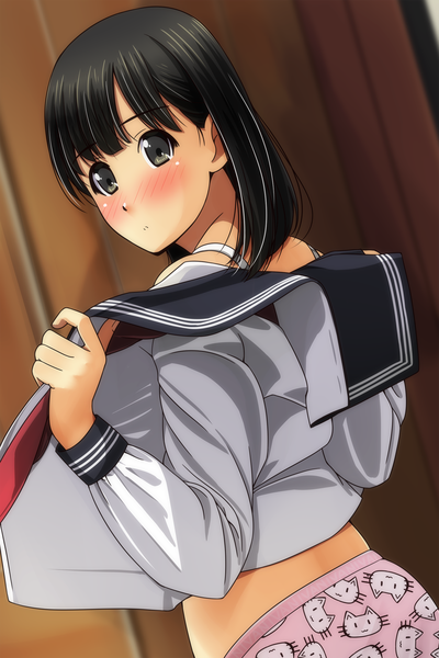 Anime picture 1600x2400 with original matsunaga kouyou single tall image looking at viewer blush fringe short hair light erotic black hair standing bare shoulders indoors blunt bangs long sleeves looking back from behind blurry open clothes arms up