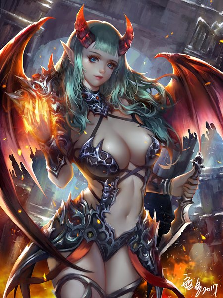 Anime picture 900x1200 with original wuduo single long hair tall image fringe breasts blue eyes light erotic large breasts standing holding animal ears payot blunt bangs horn (horns) green hair pointy ears realistic piercing