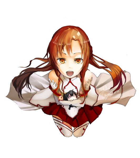 Anime picture 3549x4000 with sword art online a-1 pictures yuuki asuna kirigaya kazuto ghostas long hair tall image highres open mouth black hair simple background brown hair white background bare shoulders absurdres orange eyes looking up chibi blank eyes girl