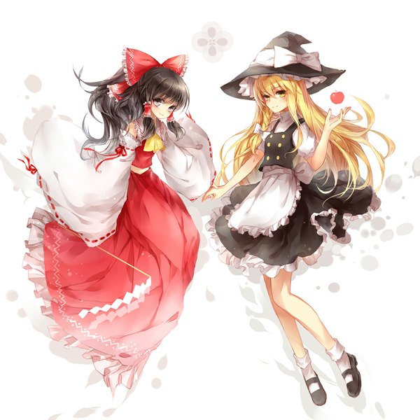 Anime picture 1181x1181 with touhou hakurei reimu kirisame marisa sixi1990 long hair looking at viewer black hair blonde hair multiple girls brown eyes yellow eyes witch girl dress skirt bow 2 girls hair bow hat witch hat