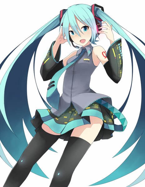 Anime picture 1350x1740 with vocaloid hatsune miku keid single tall image looking at viewer blush open mouth simple background white background twintails bare shoulders very long hair aqua eyes aqua hair girl thighhighs skirt black thighhighs detached sleeves