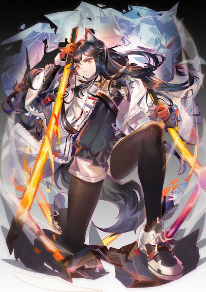 Anime picture 1500x2128 with arknights texas (arknights) texas (winter messenger) (arknights) samo (shichun samo) single long hair tall image fringe black hair hair between eyes red eyes holding animal ears full body tail animal tail official alternate costume dual wielding girl gloves