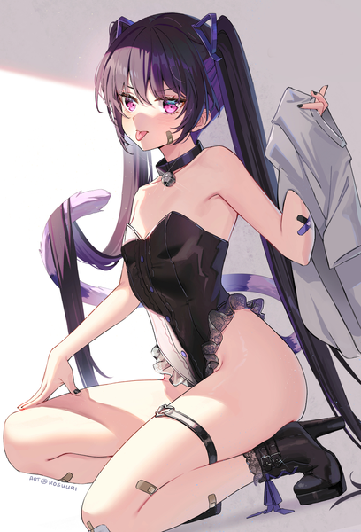 Anime picture 1000x1471 with original rosuuri single tall image looking at viewer blush fringe light erotic black hair simple background hair between eyes purple eyes bare shoulders holding signed animal ears bent knee (knees) tail very long hair animal tail
