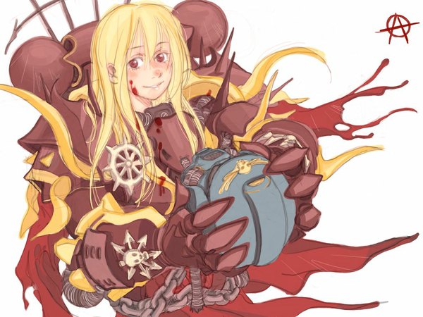 Anime picture 1024x768 with warhammer 40k chaos (warhammer) circle a blonde hair red eyes armor