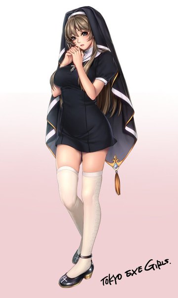 Anime picture 540x900 with tokyo exe girls masami chie single long hair tall image looking at viewer blush fringe breasts brown hair parted lips black eyes inscription zettai ryouiki copyright name nun praying girl thighhighs white thighhighs