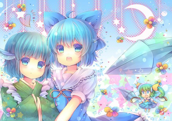 Anime picture 1000x706 with touhou cirno daiyousei wakasagihime pjrmhm coa looking at viewer blush short hair open mouth blue eyes multiple girls blue hair ahoge ponytail traditional clothes japanese clothes green hair side ponytail crescent girl