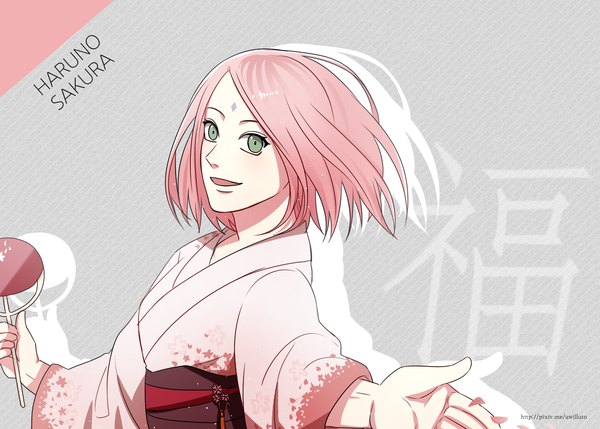 Anime picture 1538x1100 with naruto studio pierrot naruto (series) haruno sakura ahri (will) single looking at viewer short hair open mouth simple background holding green eyes signed pink hair upper body traditional clothes japanese clothes grey background wide sleeves character names