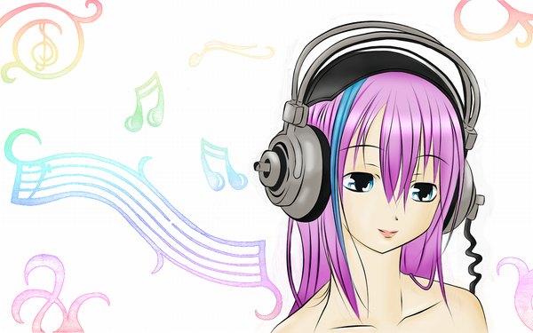 Anime picture 1680x1050 with nitroplus super sonico single long hair blue eyes wide image pink hair music girl headphones musical note