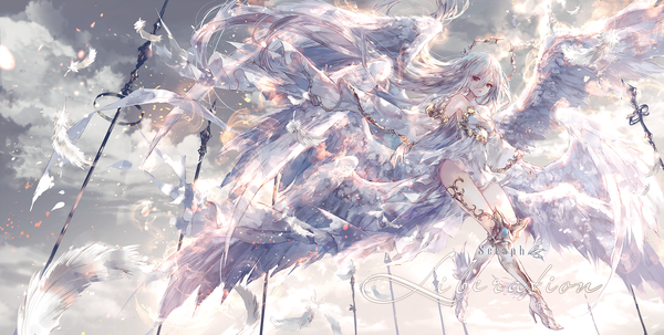 Anime picture 1920x971 with onineko single long hair looking at viewer fringe highres hair between eyes red eyes wide image white background cloud (clouds) bent knee (knees) outdoors white hair parted lips high heels floating hair lens flare white wings weightlessness