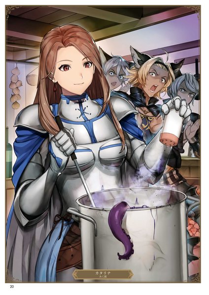 Anime picture 1357x1920 with granblue fantasy katalina aryze elsam (granblue fantasy) tomoi (granblue fantasy) lowain (granblue fantasy) mikurou (nayuta) long hair tall image fringe short hair breasts open mouth blonde hair smile hair between eyes brown hair standing holding brown eyes animal ears