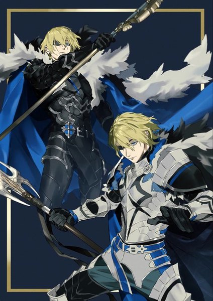 Anime picture 565x800 with fire emblem fire emblem: three houses nintendo dimitri alexandre blaiddyd zatsu7wy tall image looking at viewer fringe short hair blue eyes simple background blonde hair hair between eyes standing holding looking away multiple boys framed dual persona boy