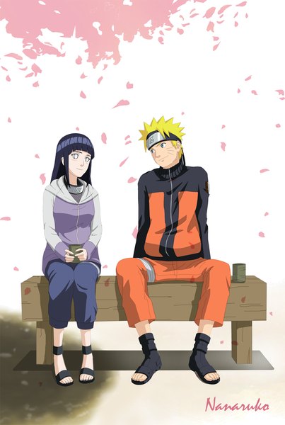 Anime picture 1000x1487 with naruto studio pierrot naruto (series) uzumaki naruto hyuuga hinata nanaruko (artist) long hair tall image blush short hair blue eyes black hair blonde hair smile coloring facial mark eye contact whisker markings jinchuriki white eyes